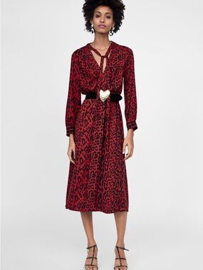 ZARA Red and Black Leopard Print Midi Dress